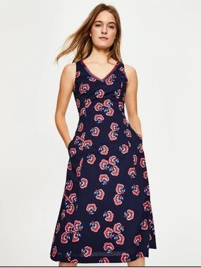 Boden Navy Midi Dress with Pink Floral Print